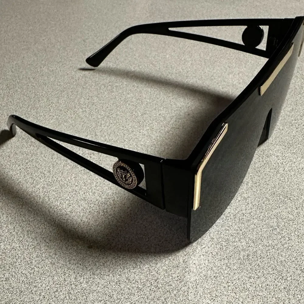 Oversized Black Shield Sunglasses with Gold Trim
